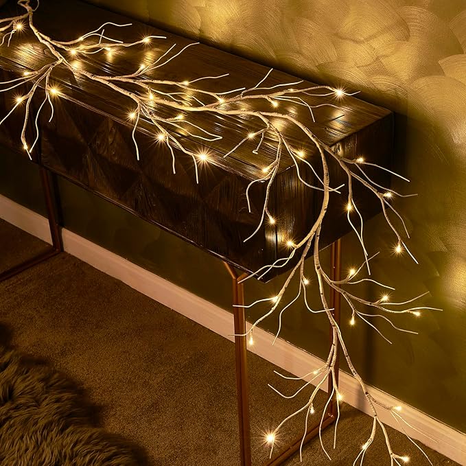 Hairui Birch Garland with Lights 6FT 48 LED Battery Operated, Lighted Twig Vine with Timer for Christmas Home Fireplace Decoration Indoor Outdoor Use