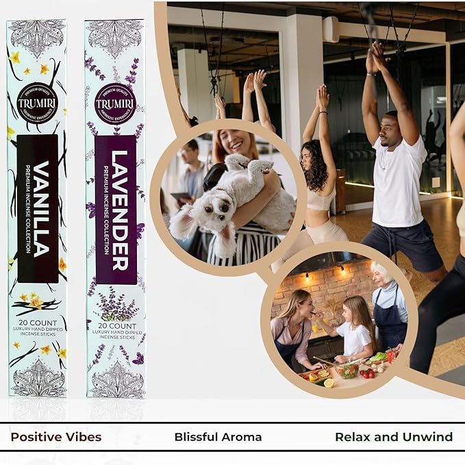 Trumiri Incense Sticks - Combo Pack of 40 Insence-Sticks - 20 Vanilla + 20 Lavender - Insenses - Insents - Incents - Inscense - Incence - Incienso - All Natural Incense Sticks