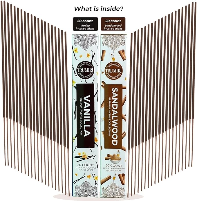 Trumiri Incense Sticks - Combo Pack of 40 Insence-Sticks - 20 Vanilla + 20 Sandalwood - Insenses - Insents - Incents - Inscense - Incence - Incienso - All Natural Incense Sticks