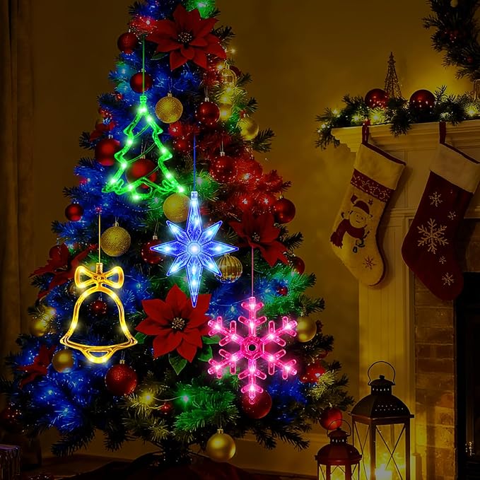 4Pack Christmas Window Lights Decorations with Timer,Battery Powered Christmas Hanging Multicolor Lighted Snowflake Tree Bells Lucky Star Shaped LED Sucker for Xmas Tree Fireplace Indoor Decor