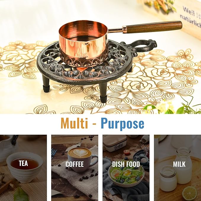 Sungmor Cast Iron Teapot Warmer Dish Cups Heater Pot Trivet - Rustic & Graceful Pattern Design with Tealight Holder - Heavy Duty & Decorative Candle Holder Stands for Heat Food Coffee Milk or Tea