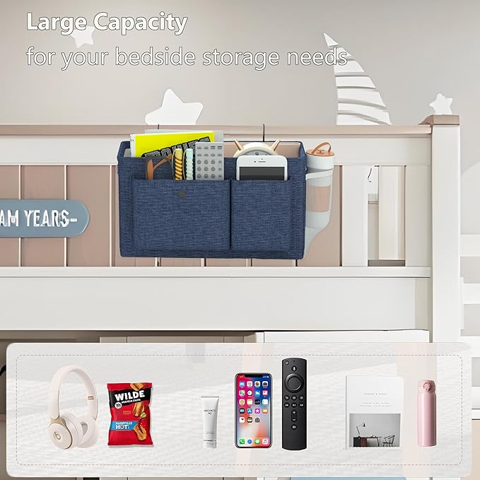Bedside Caddy Bedside Organizer with Fixed Straps & Water Bottle Holder, Bunk Bed Caddy ideal for Home, Dorm, Hospital, Crib, Versatile Bedside Storage Solution (Navy 2pcs)