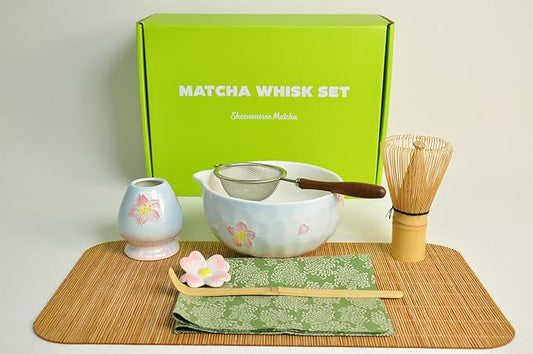 Matcha set with tray 8pcs, Japanese Matcha Kit includes Ceramic Matcha Bowl, Bamboo Matcha Whisk (Chasen), Whisk Holder, Macha Scoop(Chashaku), Bamboo Placemat, Sifter, Tea Cloth Chakin，Blue & Pink