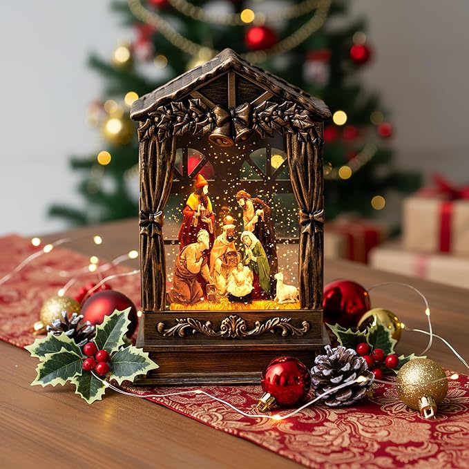 Christmas Snow Globe Lighted Manger Nativity Scene, Musical Window Water Lantern Play Silent Night Music in Swirling Glitter, Holiday Decorations Gift