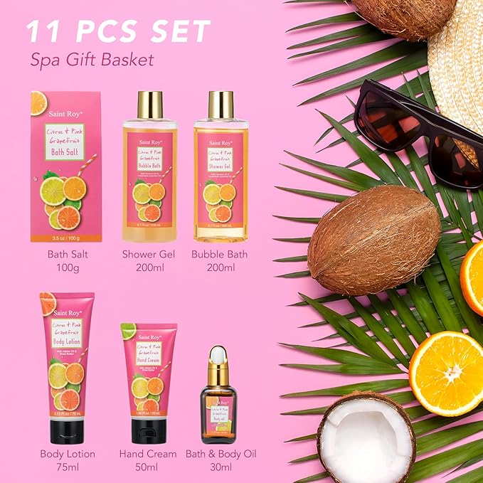 Bath & Body Gift Set, Luxury Christmas Gifts for Women Citrus Pink Grapefruit Spa Kit Gift Woman, 11 Pcs Self Care Kit Gifts With Bubble Bath, Massage Oil, Bath Brush, Birthday Gifts for Women
