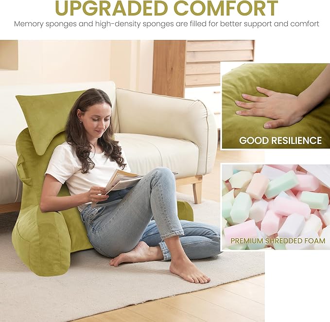 Portable Reading Pillows with Headrest for Bed Sitting Up(Pale Green Oeko-Tex), Velvet Back Pillow with Arms & Pockets for Adults, Support Memory Foam Bed Pillow for Dorm/Watching/Gaming