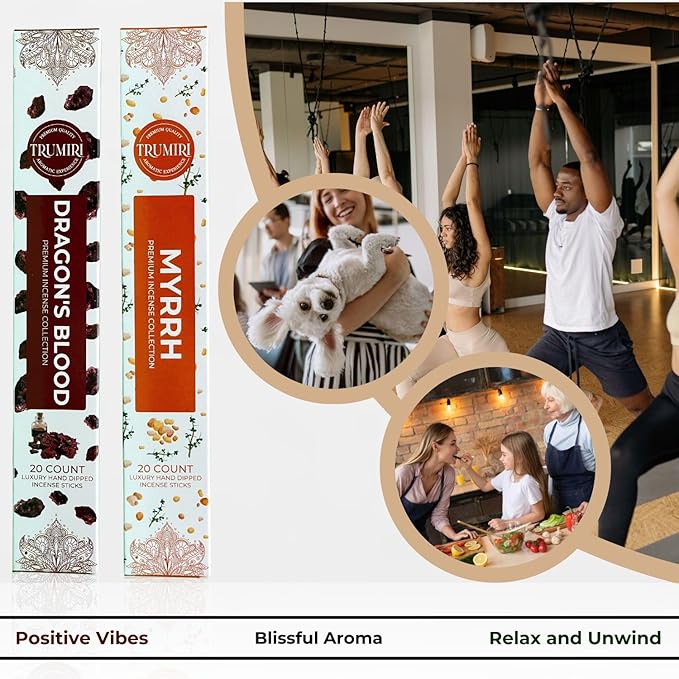Trumiri Incense Sticks - Combo Pack of 40 Insence-Sticks - 20 Dragons Blood + 20 Myrrh - Insenses - Insents - Incents - Inscense - Incence - Incienso - All Natural Incense Sticks