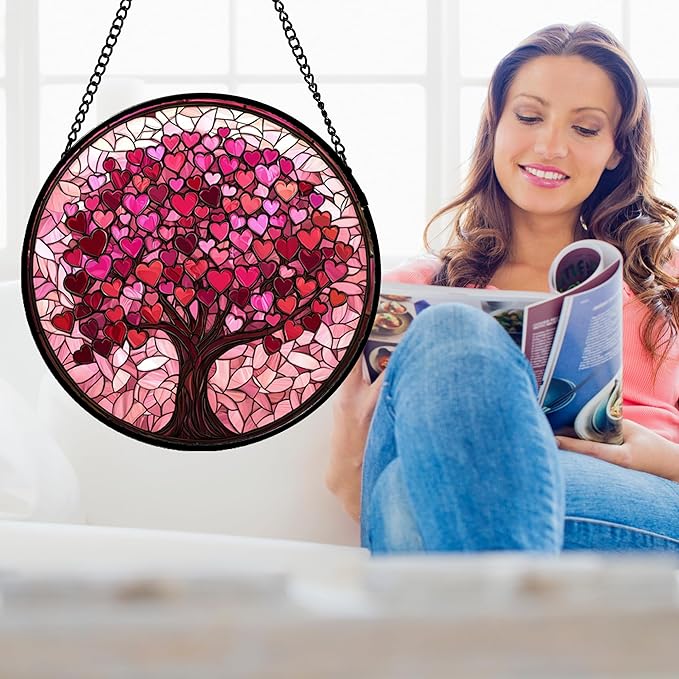 Stained Glass Window Hanging, Pink Love Tree of Life Sun Catchers Colorful Glass Panel Suncatcher Decor for Birthday for Women, Men, Wife, Lovers, and Mom 14.9x14.9 in