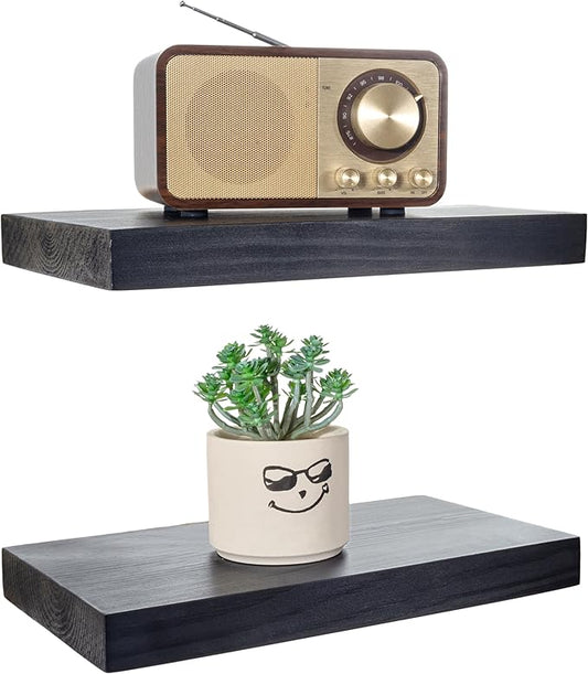 BGMG Wood Floating Shelves 12 inch,Black Floating Shelves,Solid Wood Wall Shelves for Bathroom Living Room Bedroom Kitchen Farmhouse Set of 2-12x 6.7 x1.25 inch