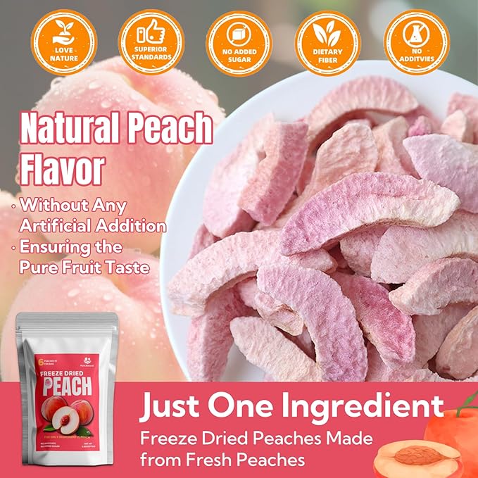 Premium Freeze Dried Peaches Chips，All Natural Dehydrated Fruit Snacks, 110g/3.88oz | No Sugar Added, Vegan & Paleo-Friendly | Add to Smoothies, Baking, Camping & Emergency Kits