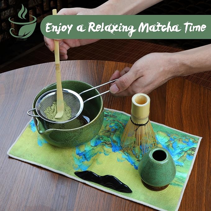Matcha Whisk Set, 7Pcs Matcha Set Kit include Matcha Bowl, Matcha Whisk and Holder, Bamboo Scoop, Scoop Rest, Sifter and Tea Towel, Matcha Whisk and Bowl Set for Matcha Lovers and Beginers