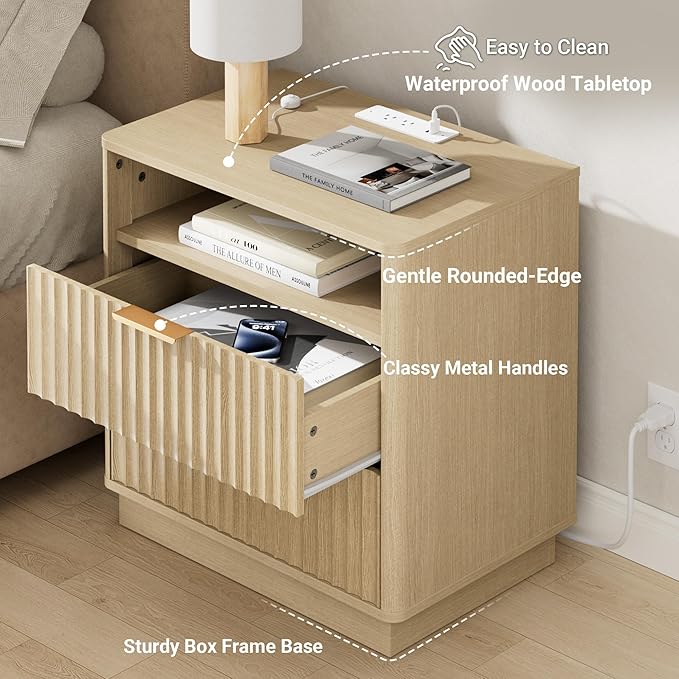 Large Fluted Nightstand Set of 2 with Charging Station, 23" Modern Farmhouse Night Stand, 2 Drawers End Table with Storage, Bedside Table for Bedroom Sofa Home Office, Natural Oak