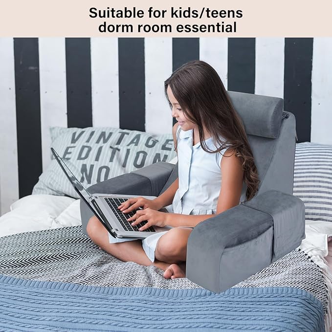 ENITYA Reading Pillow for Kids/Teens/Adults, 17" Back Pillow for Bed Sitting up, Bed Rest Pillow with Arms, Back Support Pillow for Watching TV/Reading/Resting, Dorm Room Essentials, Standard (Grey)