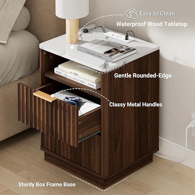 Fluted Nightstand with Charging Station, 18" Modern Night Stand with Faux Marble Top, 2 Drawers End Table with Storage, Bedside Table for Bedroom Living Room, Curved Profile Design(Walnut)