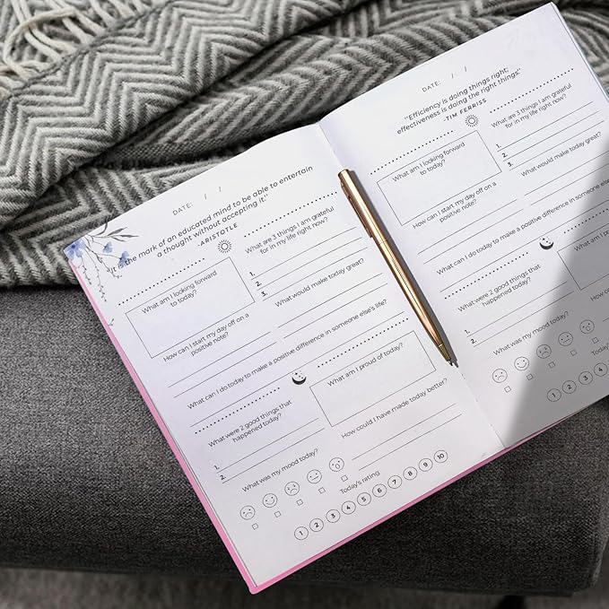 Gratitude Journal, Daily Reflection Journal for More Happiness, Mindfulness & Affirmation, Self Care Journals for Women & Men, 6 Inspirational Stickers and Ballpoint Pen, Pink