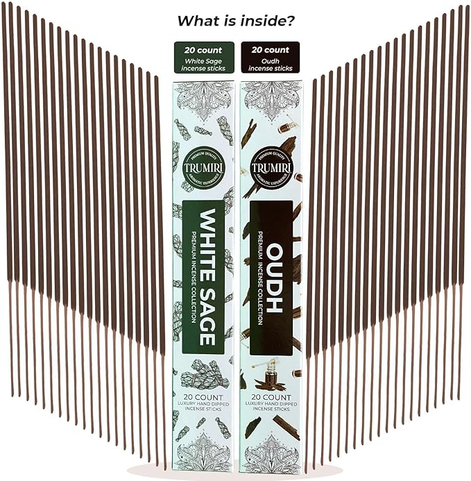 Trumiri Incense Sticks - Combo Pack of 40 Insence-Sticks - 20 White Sage + 20 Oud - Insenses - Insents - Incents - Inscense - Incence - Incienso - All Natural Incense Sticks