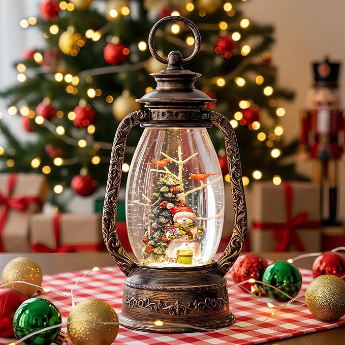 12'' Christmas Musical Snow Globe Lantern Spinning Water Glittering Snowman with Holiday Tree Scene, Battery & USB Powered Light for Home Decoration