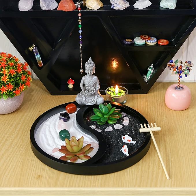 Buddha Meditation Zen Garden Kit - Home Office Tabletop Taiji Yin Yang Sand Garden Altar Zen Decor Zen Gifts DIY Mini Chakra Crystal Quartz Rock Garden w/ Nature Healing Stone Rake Tool