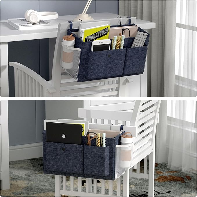 Bedside Caddy Bedside Organizer with Fixed Straps & Water Bottle Holder, Bunk Bed Caddy ideal for Home, Dorm, Hospital, Crib, Versatile Bedside Storage Solution (Navy)