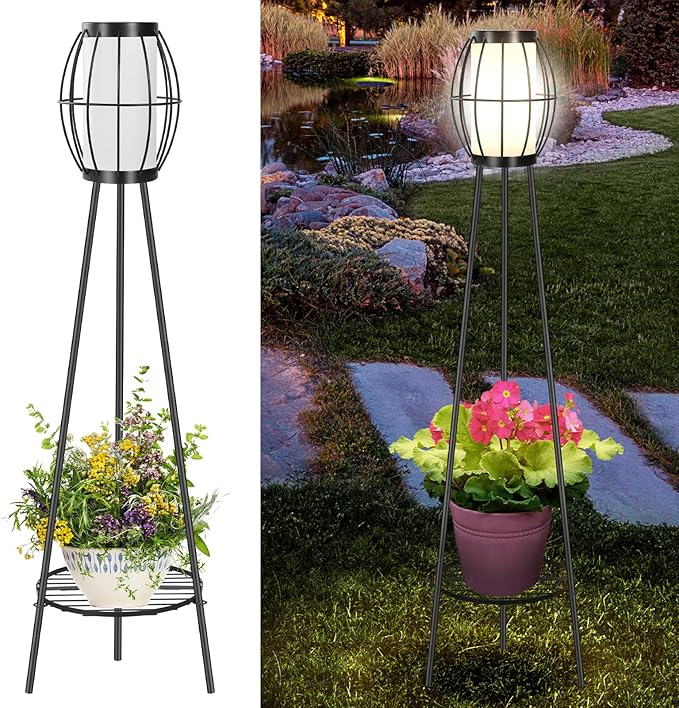 Outdoor Solar Lights with Plant Stands, 37" Metal Solar Powered Outdoor Floor Lamp Waterproof Auto On/Off, Outdoor Floor Lamps for Yard Deck Patio Porch Walkway Driveway Garden Decor