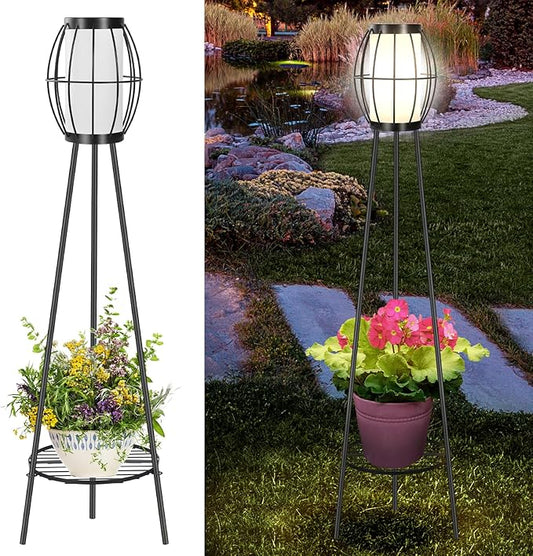 Outdoor Solar Lights with Plant Stands, 37" Metal Solar Powered Outdoor Floor Lamp Waterproof Auto On/Off, Outdoor Floor Lamps for Yard Deck Patio Porch Walkway Driveway Garden Decor