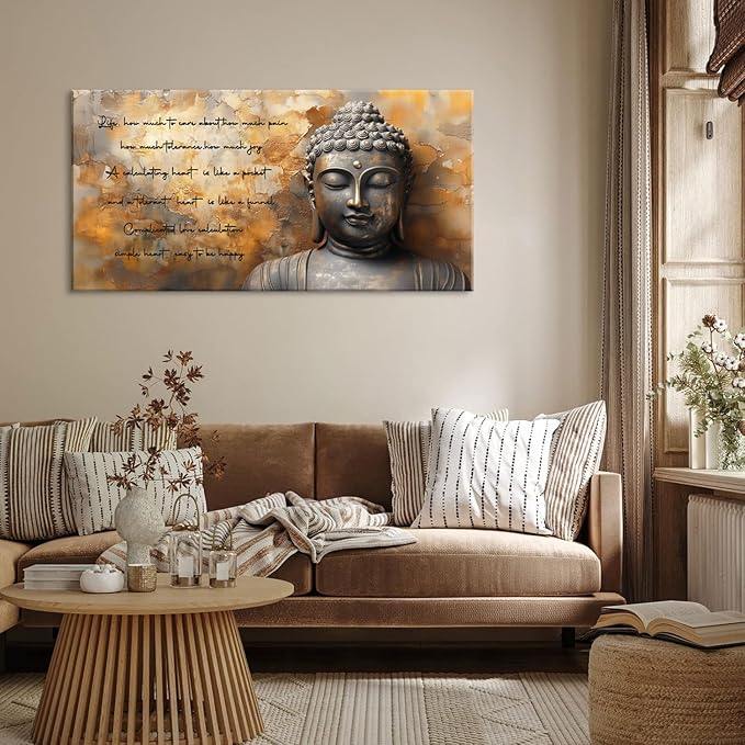 ZESTRILIA Zen Buddha Wall Art for Living Room Office Tan Brown Buda Life Quotes Canvas Painting Prints Calming Buddhist Artwork Family Bedroom Decor Extra Large (58x28 Inches)