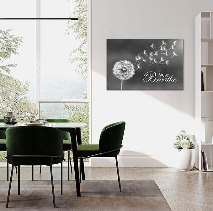 SKASNFAI Black and White Dandelion Zen Wall Art Canvas Just Breathe Motivation Positive Picture Art Print for Spa Yoga Meditation Wall Decor Ready to Hang (20L x 30W)