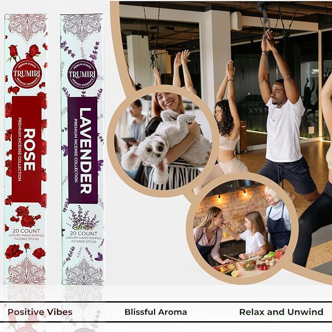 Trumiri Incense Sticks - Combo Pack of 40 Insence-Sticks - 20 Rose + 20 Lavender - Insenses - Insents - Incents - Inscense - Incence - Incienso - All Natural Incense Sticks
