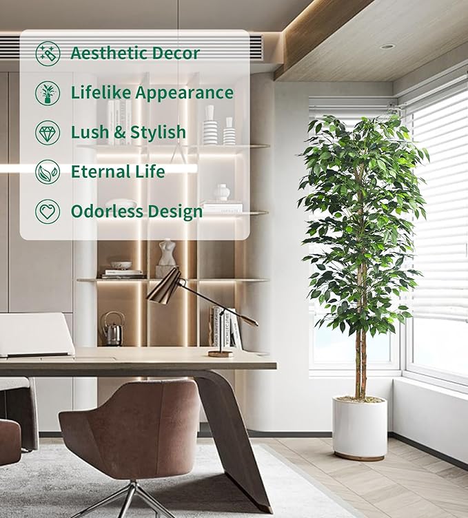 2Packs 6FT Artificial Ficus Trees with Realistic Leaves and Natural Trunk, Faux Ficus Tree with Sturdy Plastic Nursery Pot, Fake Ficus Tree for Office Home Farmhouse for Indoor Outdoor Decor