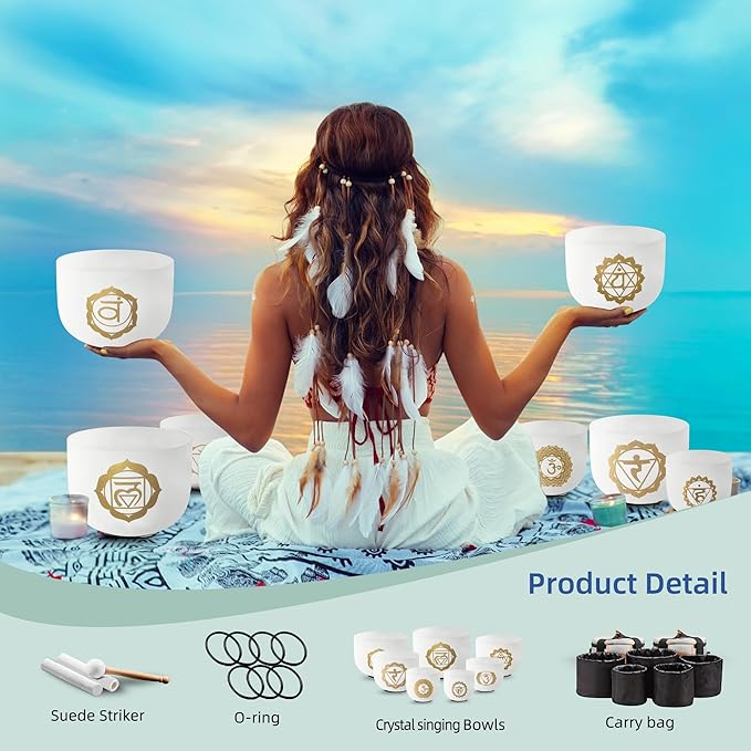 RYAN DVAN 432 hz 7-12 Inch Set of 7 Gold Chakra Design Quartz Crystal Singing Bowl Chakra Set with Free 2 pcs Carrying Case