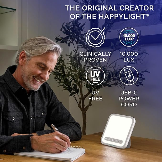 Verilux HappyLight Mini - Portable & Compact Light Therapy Lamp with 10,000 Lux, UV-Free, LED Light with Adjustable Brightness - Boost Mood, Enhance Sleep, & Focus - Small Sun Lamp for Winter Blues