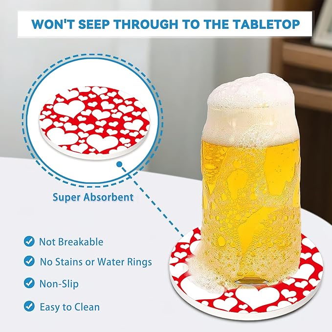 Coasters Set of 4, Red Heart Love Round 4" Cup Coasters, Absorbent Ceramic & Cork Base, Ideal Gifts for Women & Men