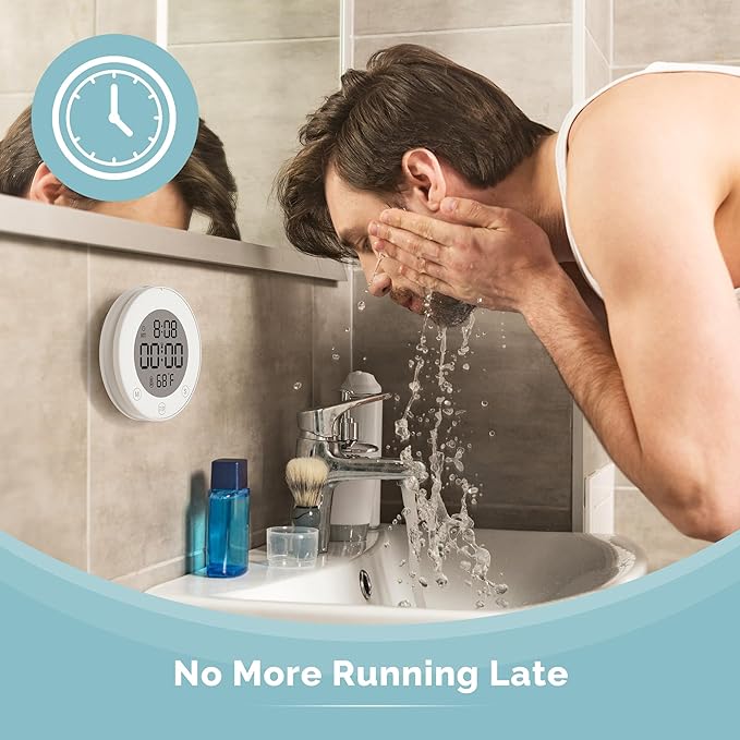 KADAMS Shower Clock Waterproof Bathroom Timer – Digital Wall Clock with Countup & Countdown, Magnetic Kitchen Clock with Temperature, Suction Cup for Kids Shower Spa Sauna Cook Bath, White