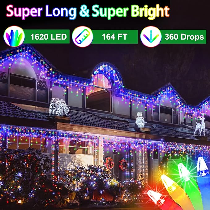 164FT 1620 LED Outdoor Christmas Lights - 360 Ice Drops, 12 Pro Modes with Timer Memory & Brightness, Waterproof Hanging Ice String Light for Holiday Wedding Garden Fence House Decor (Multicolor)