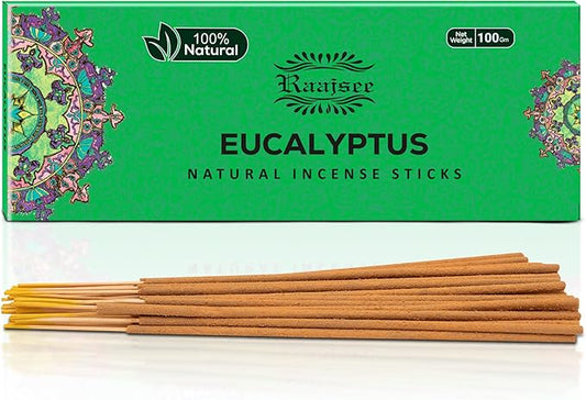 Raajsee Incense Sticks Eucalyptus 100 gm Pack-100% Pure Organic Natural Hand Rolled Free from Chemicals-Perfect for Church, Aromatherapy,Relaxation,Meditation,Positivity & Sensual Therapy