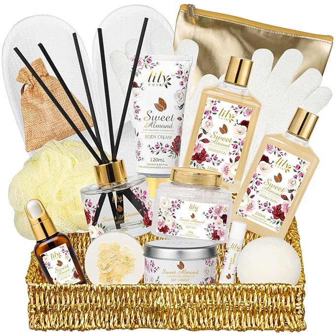 Christmas Spa Gift Basket Set for Women 17-Piece Almond Luxury Spa Gift Set Bath & Body Care Kit with Shower Gel, Body Cream | Valentine's, Mothers Day Gifts for Mom, Birthday Gifts for Her, Wife, Mom