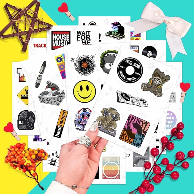 BulbaCraft 100Pcs DJ Stickers for Water Bottle and Laptop - DJ Party Favors & Decorations, Waterproof Vinyl Decals, Music and Turntable Stickers, Gifts for Women & Men