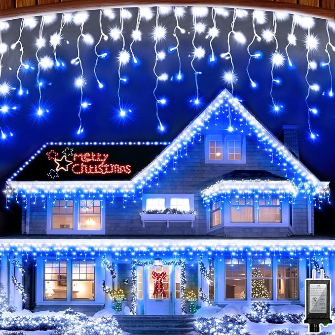 164FT 1620 LED Outdoor Christmas Lights - 360 Ice Drops, 12 Pro Modes with Timer Memory & Brightness, Waterproof Hanging Ice String Light for Holiday Wedding Garden Fence House Decor (White & Blue)