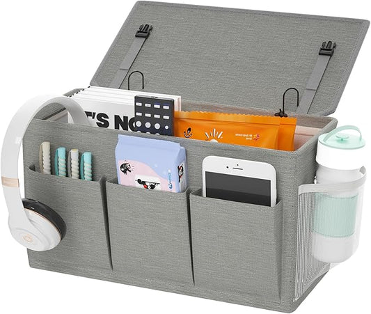 Dual-purpose Bedside Caddy Bedside Organizer, Bed Caddy with 6 Pockets, Versatile Bedside Storage Solution Magazine Remotes holder, ideal for Home, Dorm, Hospital, Crib Bed (Grey)