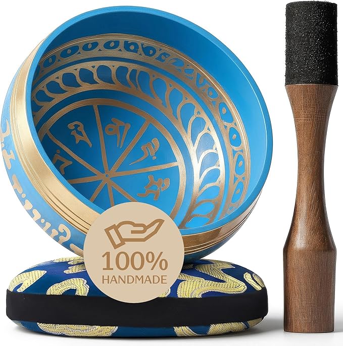 Handmade Tibetan Etched Singing Bowl Set – Sound Bowl & Meditation Bowl with Cushion, Mallet & Guide – Handmade Nepali Bowls – Sound Bath Accessories – Bronze Singing Bowls