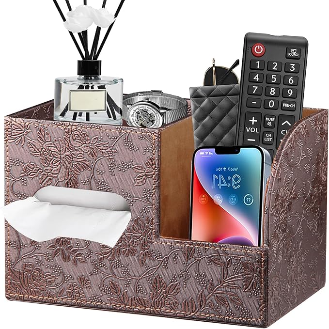 Leather Square Tissue Box Cover with Storage Tray,Cube Tissue Box Holder,Modern Facial Paper Organizer with Remote Control Holder for Bathroom,Vanity Countertop,End Table NightStand Home Office