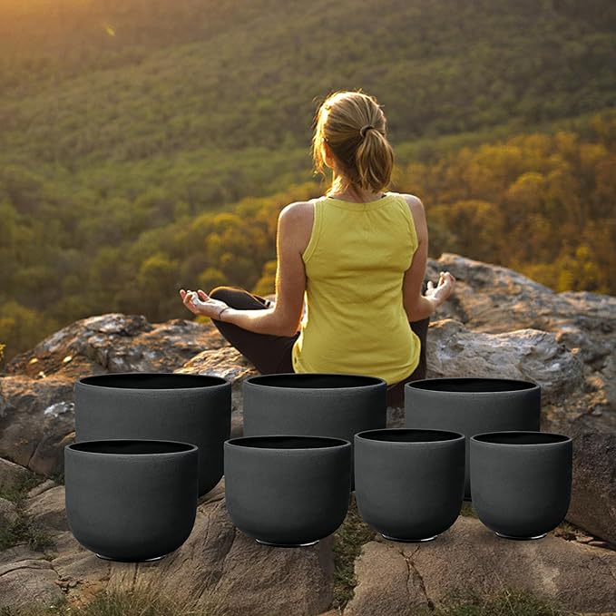 RYAN DVAN 7-12 Inch Set of 7 Pcs Black Color Quartz Crystal Singing Bowl Chakra Set with Free 2 pcs Carrying Case