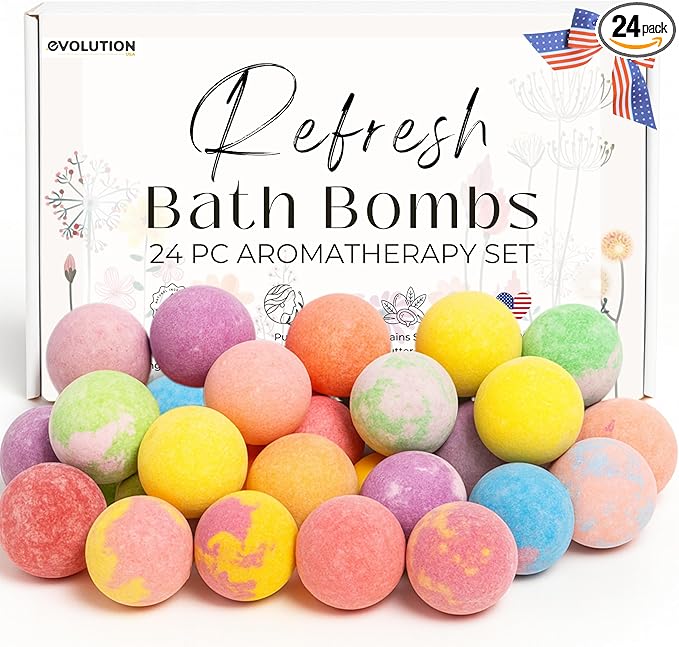 EvolutionUSA Refresh Bath Bombs for Women, 24 Lush Bath Bombs Mini Sized, Luxurious Womens Gift for Mother's Day, Easter, Birthday or Self Care, Luxurious & Relaxing Bathbombs, Womens Bath Balls