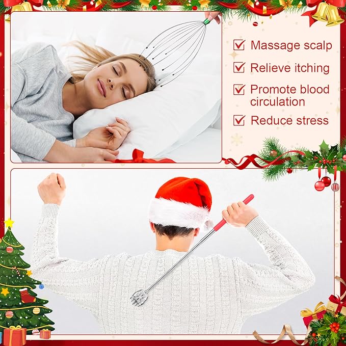 16 Pcs Head Massager and Back Scratcher with Christmas Gift Box, Scalp Massager Extendable Back Scratcher Tool for Body Relax Stress Relief Stocking Stuffers for Men Women(Snowflake)