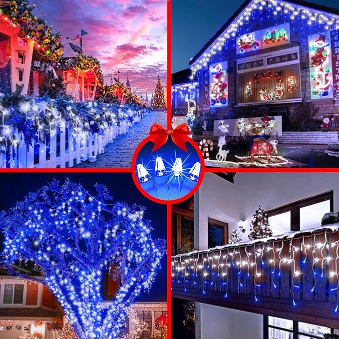 82FT 810 LED Outdoor Christmas Lights - 180 Ice Drops, 12 Pro Modes with Timer Memory & Brightness, Waterproof Hanging Ice String Light for Holiday Wedding Garden Fence House Decor (White & Blue)