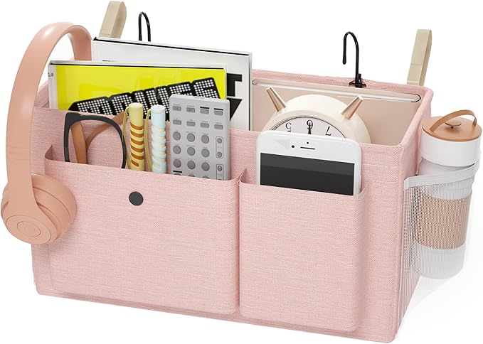 Bedside Caddy Bedside Organizer with Fixed Straps & Water Bottle Holder, Bunk Bed Caddy ideal for Home, Dorm, Hospital, Crib, Versatile Bedside Storage Solution (Pink)