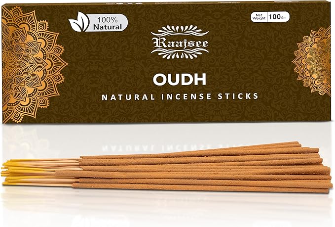 Pure Oud Agarwood Incense Sticks, 100%-Natural Charcoal Free Organic Non Toxic Clean Burning Handmade Insence Sticks 100 gm Pack, Raajsee Meditation Gifts – Spritual Cleansing