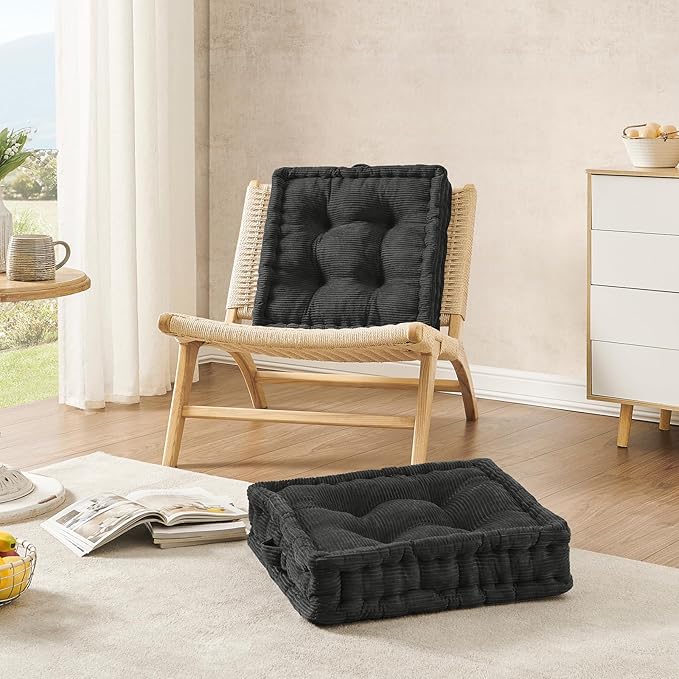 Wellsin Square Floor Pillows for Adults Kids - Meditation Floor Pillow Seating Cushion - Tufted Floor Cushion with Shredded Foam & Velvet Cover, 2 Pack, 20x20 Inch, Gray