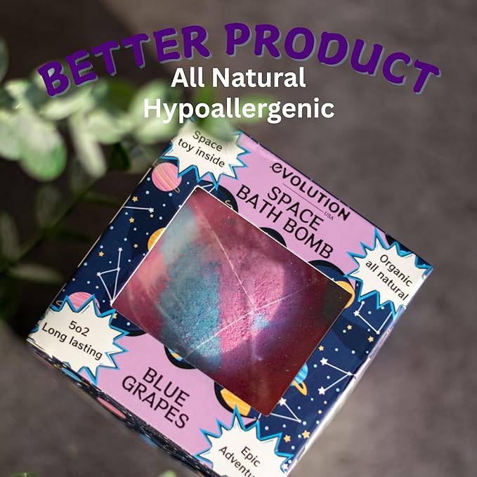 EvolutionUSA 1pc Space Bath Bomb for Boys & Girls, Planet Bath Ball with Toy Hidden Inside, Organic Hypoallerganic Childrens Bathbomb, Cosmic Fun Space Surprise, Gift Set Birthday, Christmas, Easter