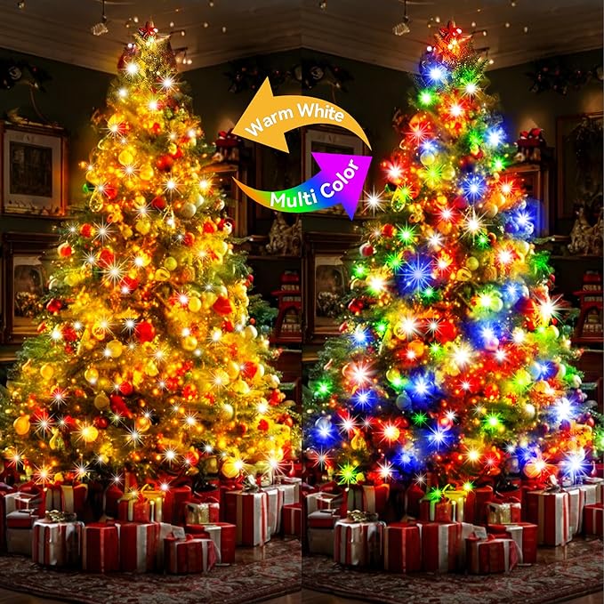 KNONEW Christmas Lights Outdoor 500 LED 197FT Clear Wire Color Changing String Lights with 11 Modes & Timer Dimmable Fairy Light for Xmas Tree Roof Yard Wedding Decorations(Warm White to Multicolor)